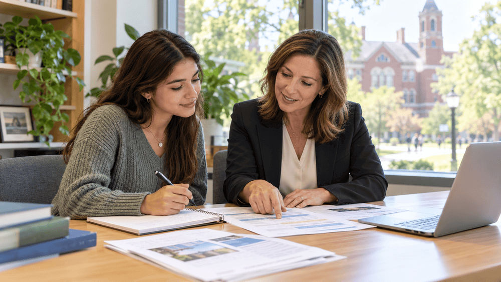 College student reviewing transfer application plans with an admissions consultant