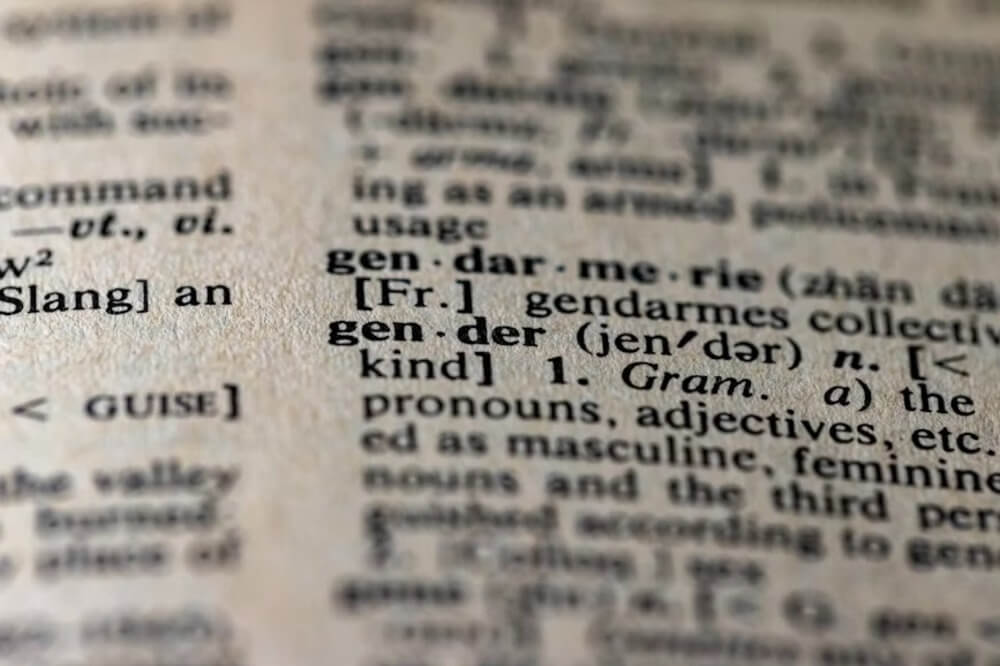 A closeup of English words in a dictionary