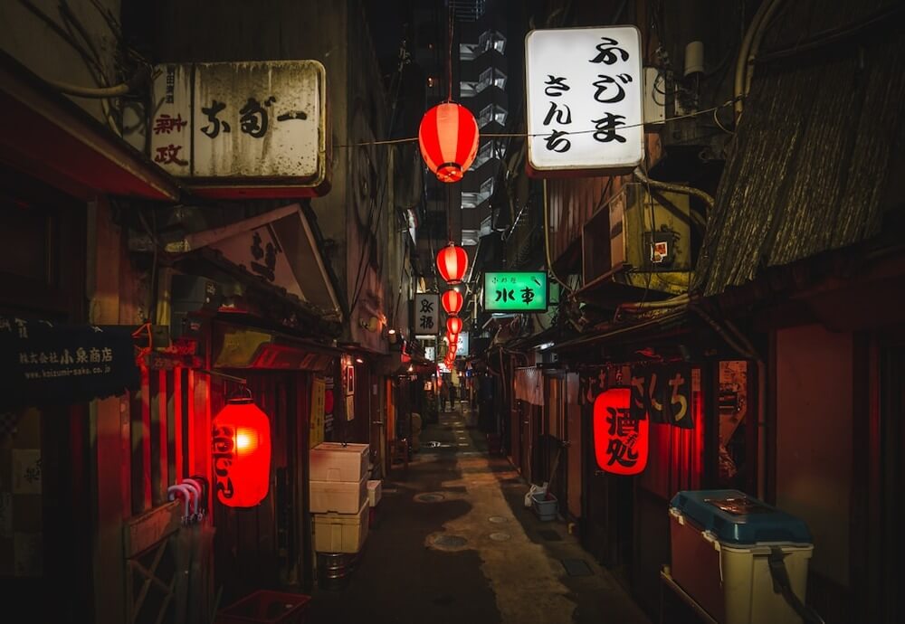 Looking down a Japanese street at night