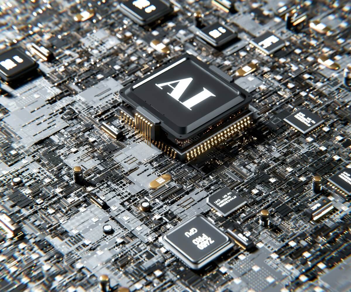 A circuitboard with a chip which says AI on it