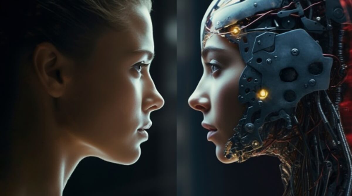 A human and an android face to face