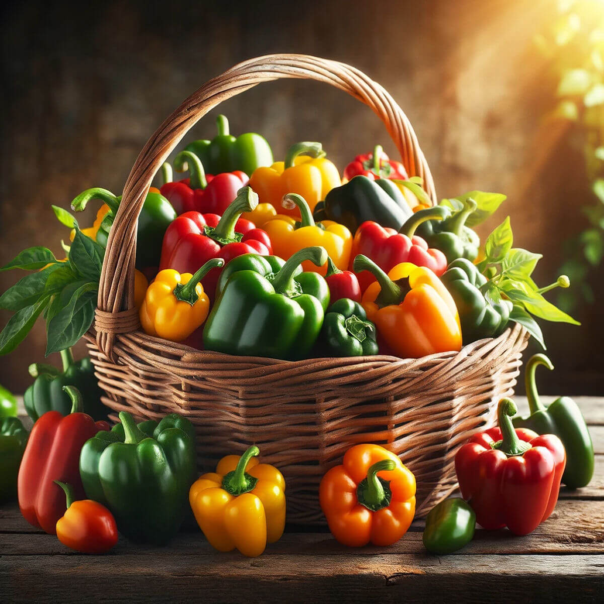 Peppers of various colors in a basket