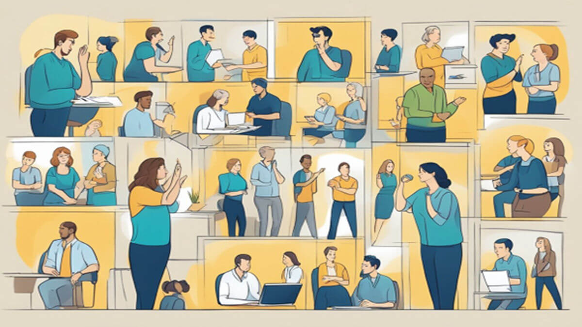 An illustration of sign language being used in various workplaces